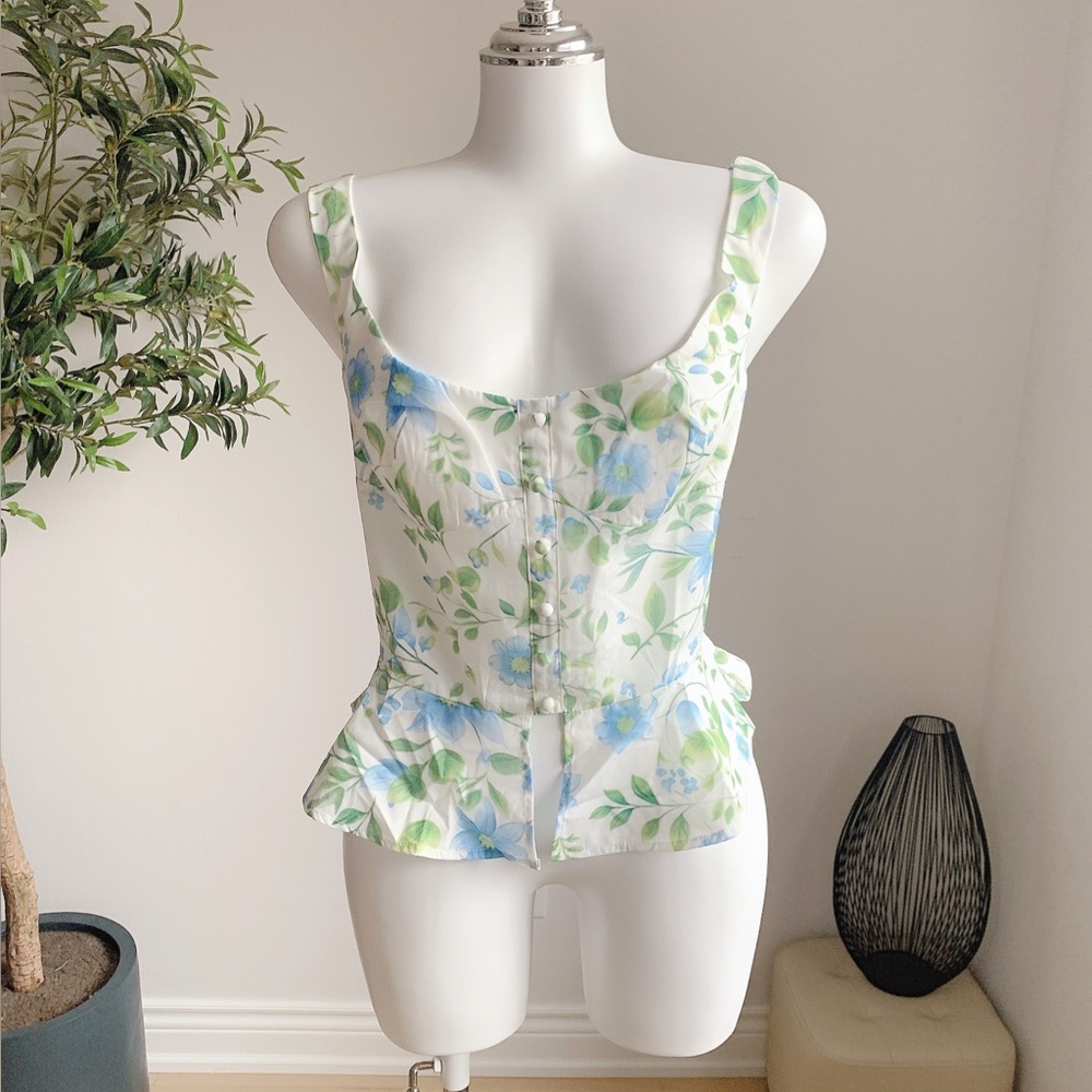 Finesse White Blue Floral Peplum Camisole Top Size L